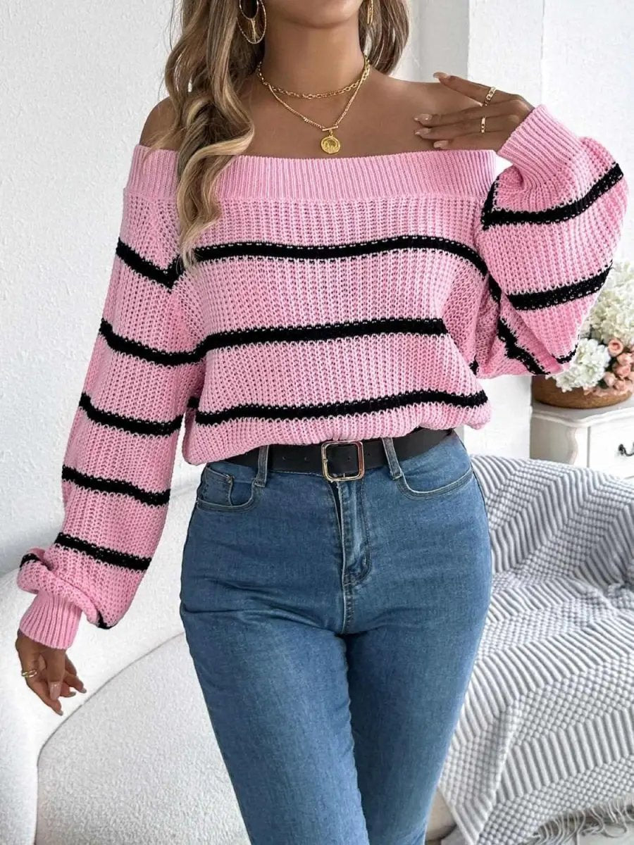 Striped Off-Shoulder Long Sleeve Sweater - Love Salve